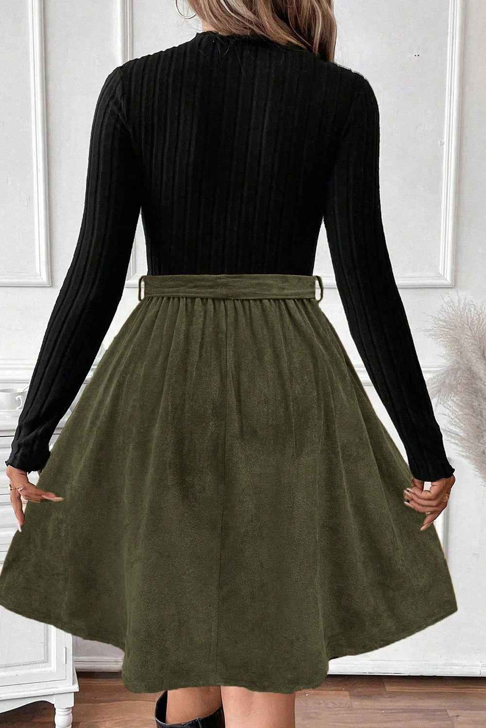 Black Ribbed Knit Slim Bodice Contrast Flared Skirt Patchwork Belted Dress 2d00d04886d7668a