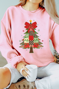 Pink Multi-pattern Checkered Christmas Tree Womens Drop Shoulder Sweatshirt Pink 50%Polyester+50%Cotton 2d03cad99bc5fba7