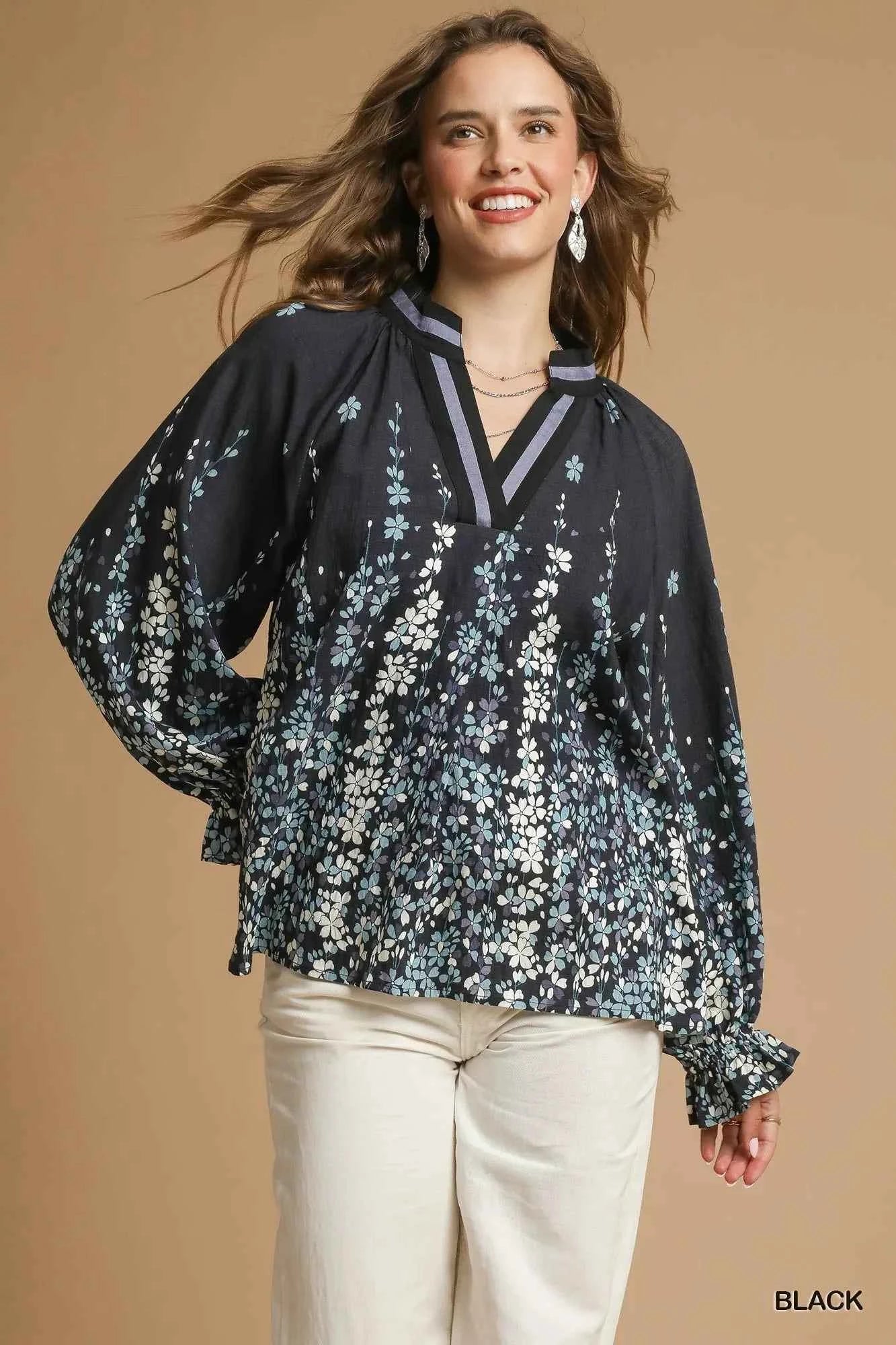 Umgee Full Size Floral Vine Print Blouse with Balloon Sleeves Plus Size Black 2d042448-30d3-451f-909a-3bd926555c76-Max-Origin