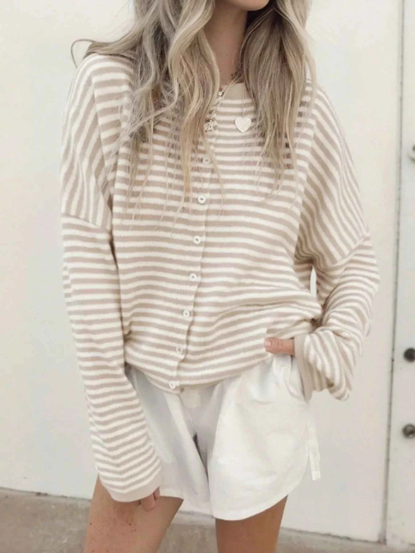 Striped Button Front Long Sleeve Cardigan Dust Storm 2d0580bc-8ec4-45a7-8dd9-dfae0d3cbffa-Max-Origin