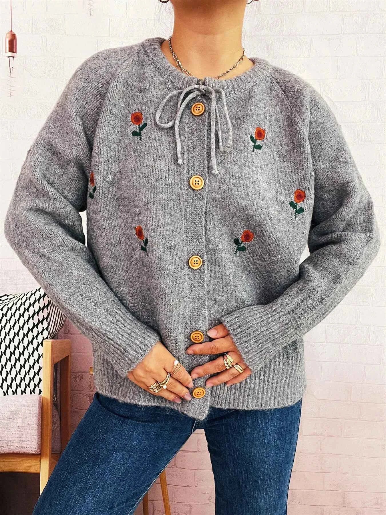 Rose Embroidered Button-Up Cardigan Yellow One Size 2d0881c1e23a4fddac318eab981abb7c-Max-Origin