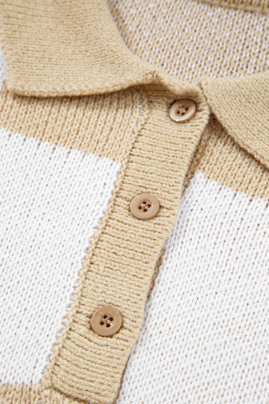 Light French Beige Checkered V-Neck Collared Pullover Sweater 2d0ec41b8843e3bd