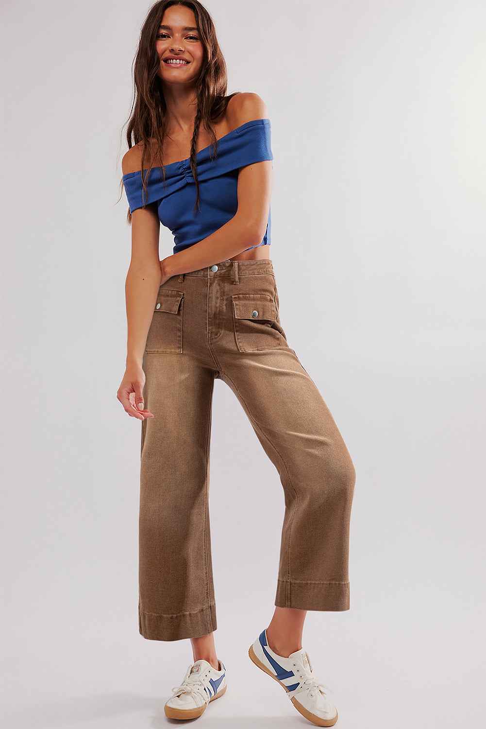 Brown Flap Pockets Front Straight Cropped Jeans 2d11529f4b6f16b8