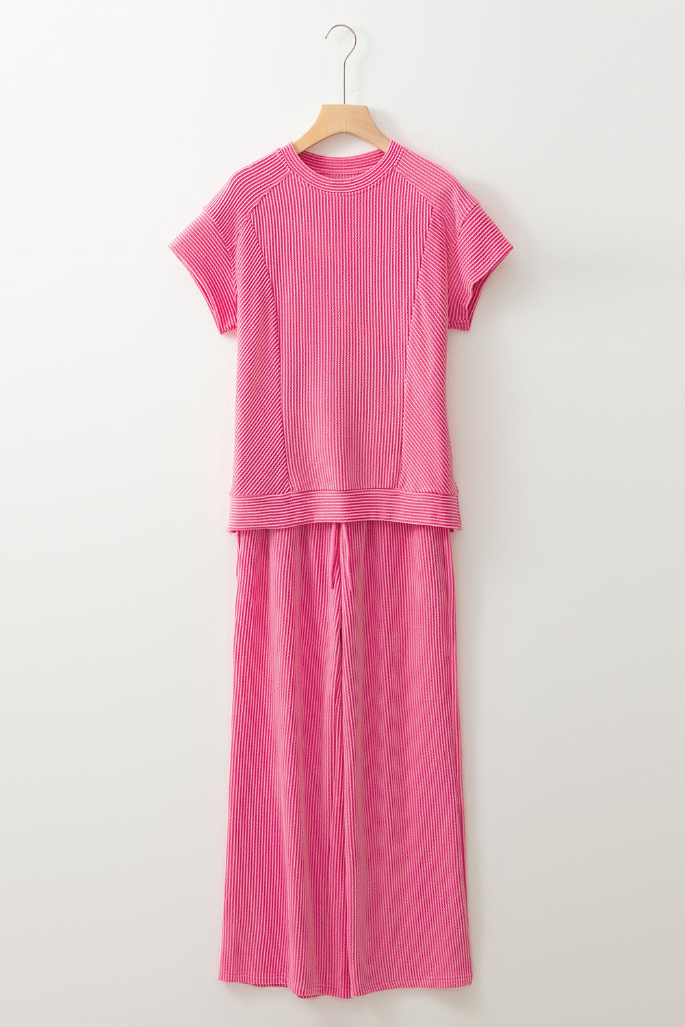 Wild Wind Solid Corded Short Sleeve T Shirt and Wide Leg Pants Set 2d12015f60bdb651