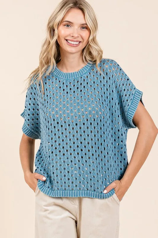 Mittoshop Mineral Wash Openwork Short Sleeve Knit Cover Up 2d12bc54-3de6-4bbb-8008-f534eef42e64-Max