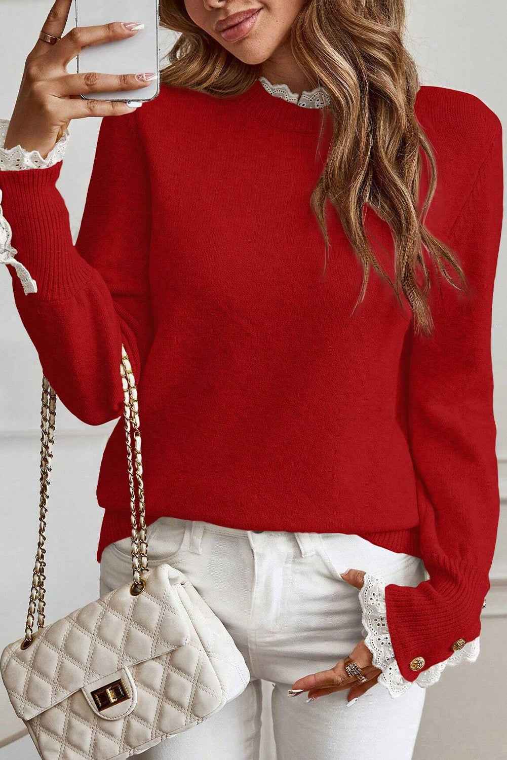 Racing Red Lace Trim Patchwork Buttoned Cuffs Loose Sweater 2d1d294d1ccbb4ce