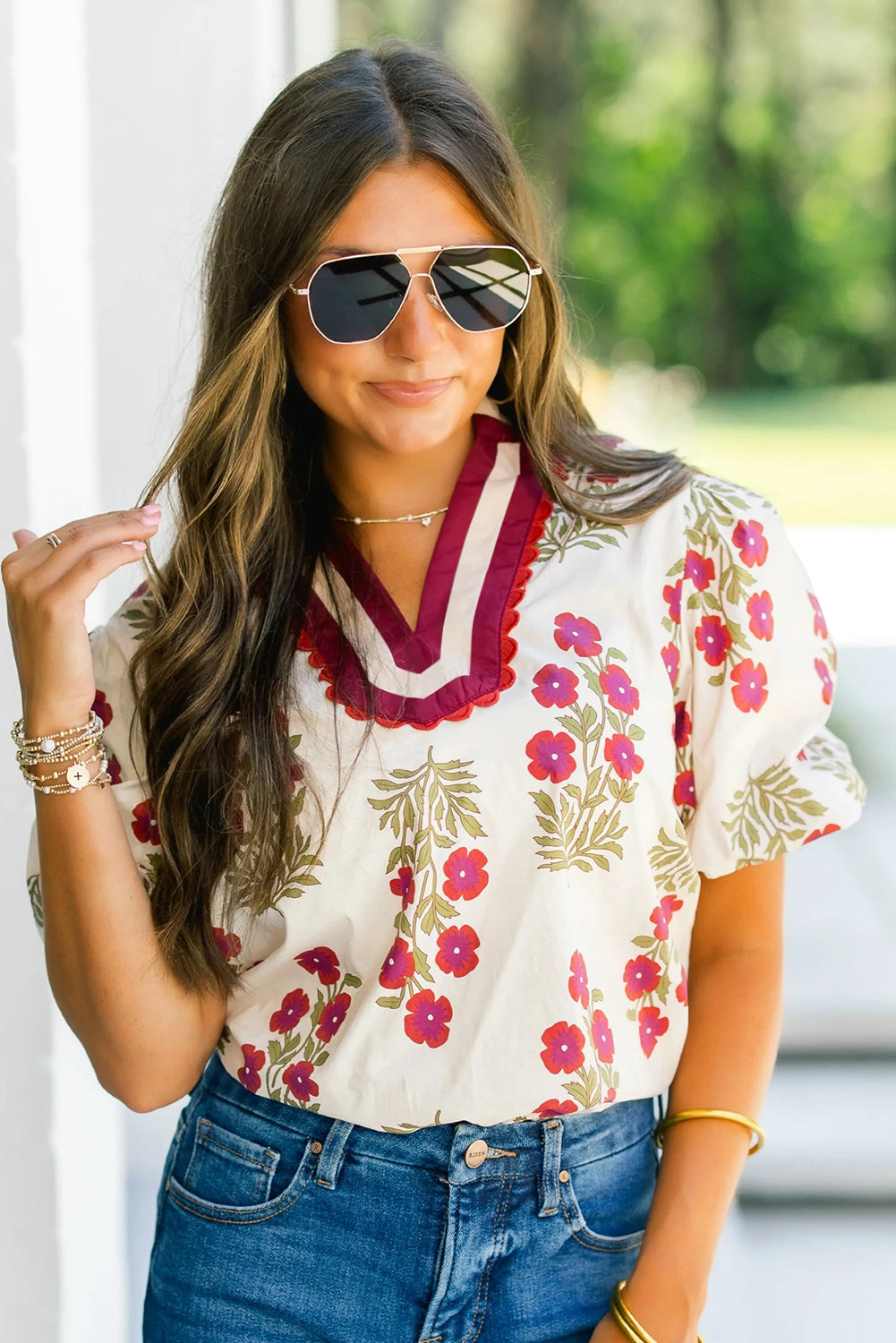 Black Floral Short Bubble Sleeve Contrast Slit Neckline Blouse 2d1e74c813676611