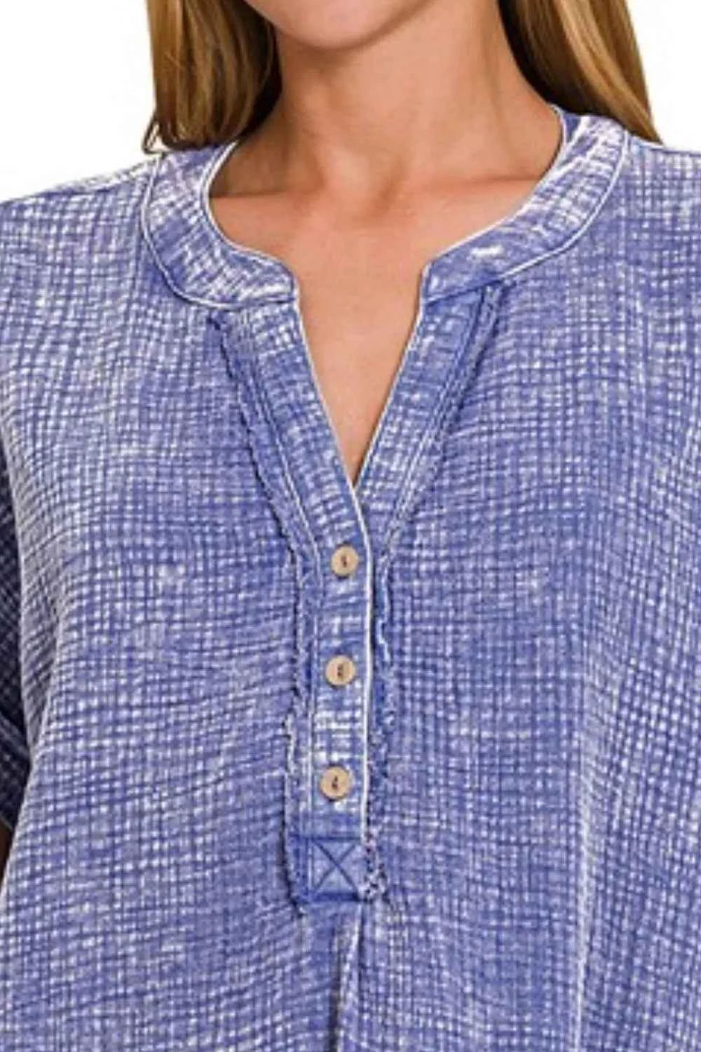 Zenana Washed Double Gauze 3/4 Button Henley Neck Shirt 2d1eda5d-b4de-438c-a694-e4de5130648a-Max-Origin