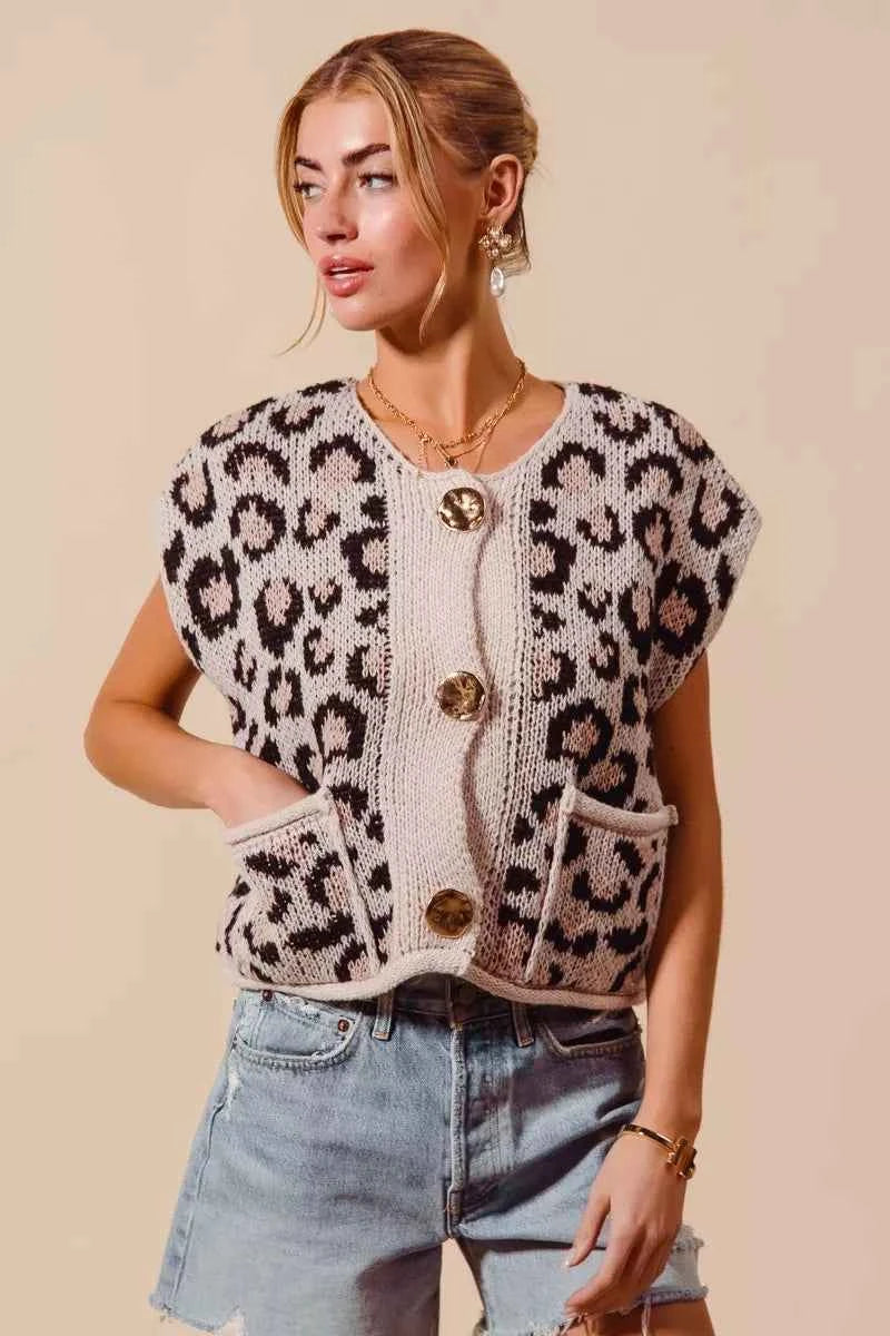 SO ME Big Metal Button Front Leopard Sweater Vest Top LEOPARD 2d2640e3bba143d49c81fb2eb7ad5f33-Max-Origin