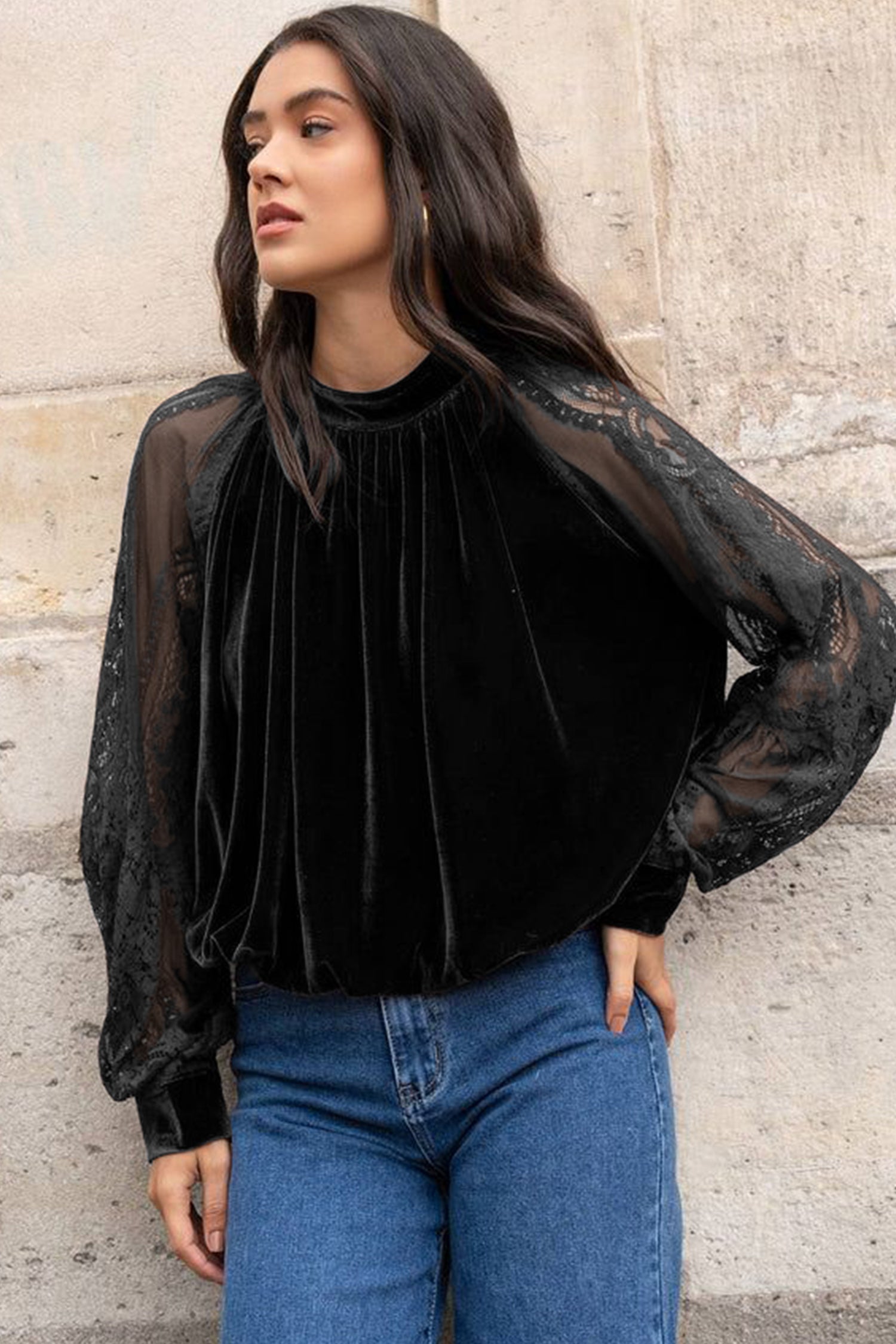 Color Black Solid Color Sheer Lace Long Sleeve Patchwork Stand Neck Velvet Blouse 2d2f35bd7641cb64