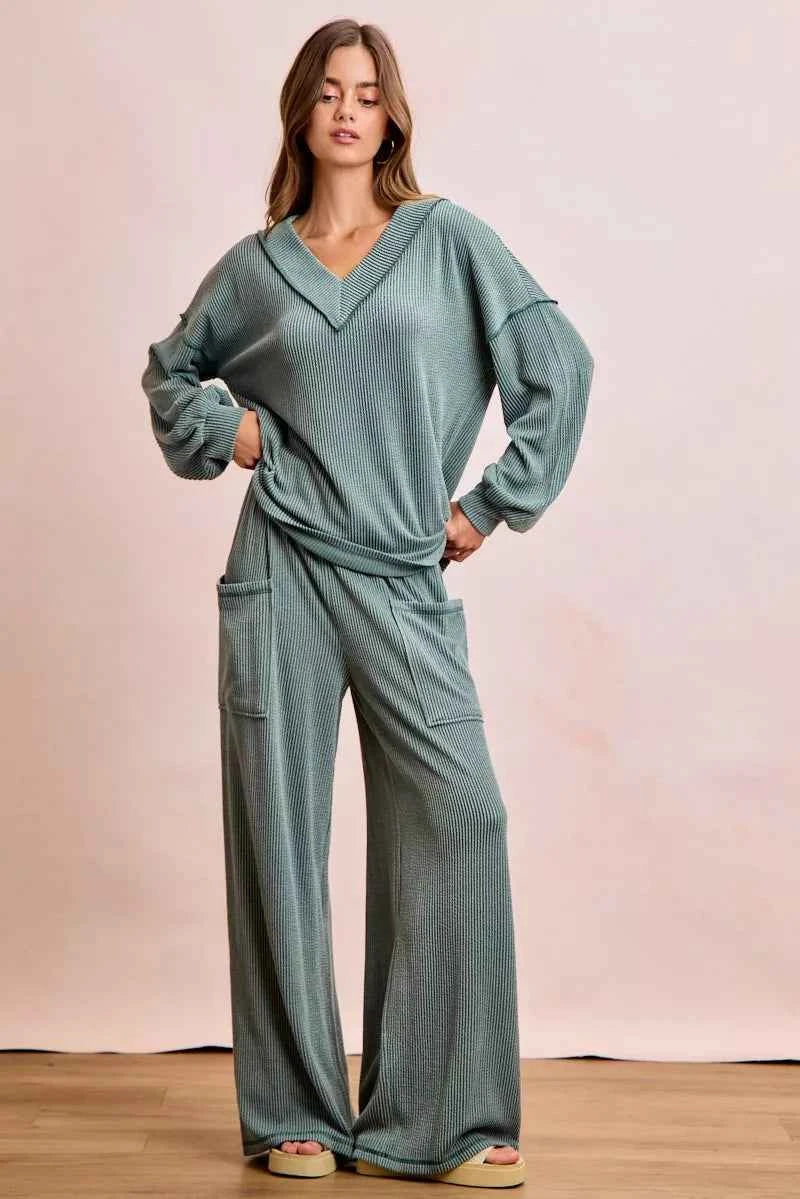 BiBi Two Tone Cord Rib Contrast Stitching V-Neck Top and Pants Set 2d2f6e19204942eeb4d8f41011f34bf0-Max-Origin