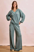 BiBi Two Tone Cord Rib Contrast Stitching V-Neck Top and Pants Set 2d2f6e19204942eeb4d8f41011f34bf0-Max-Origin