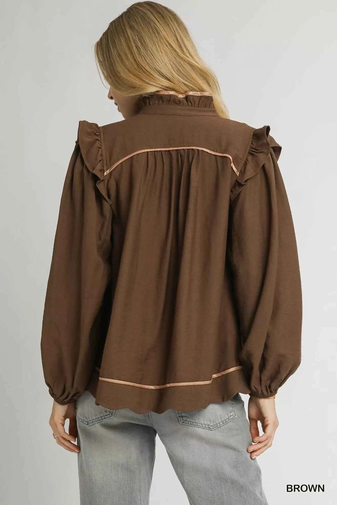 Umgee Ruffle Shoulder Long Sleeve Blouse 2d34d244-4d64-46f6-b48c-72f1090d4f46-Max-Origin