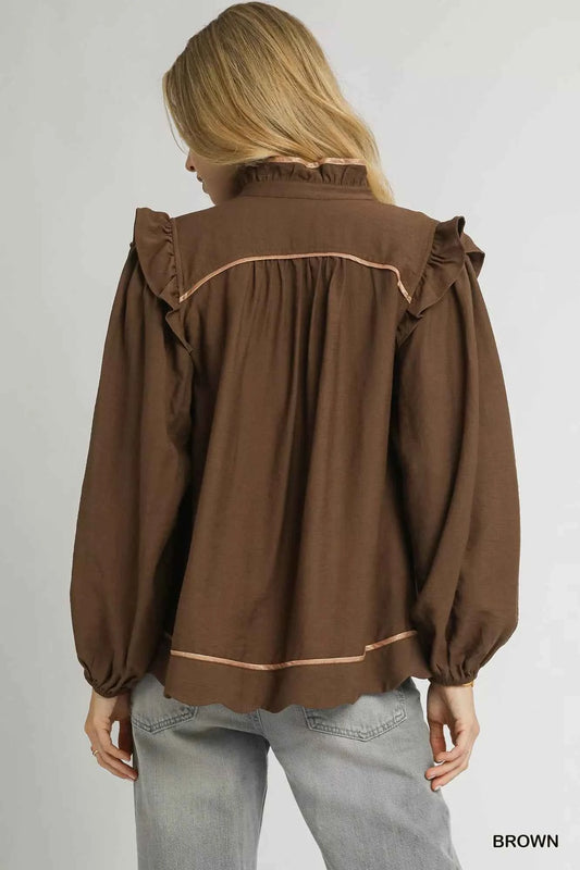 Ruffle Shoulder Long Sleeve Blouse 2d34d244-4d64-46f6-b48c-72f1090d4f46-Max-Origin