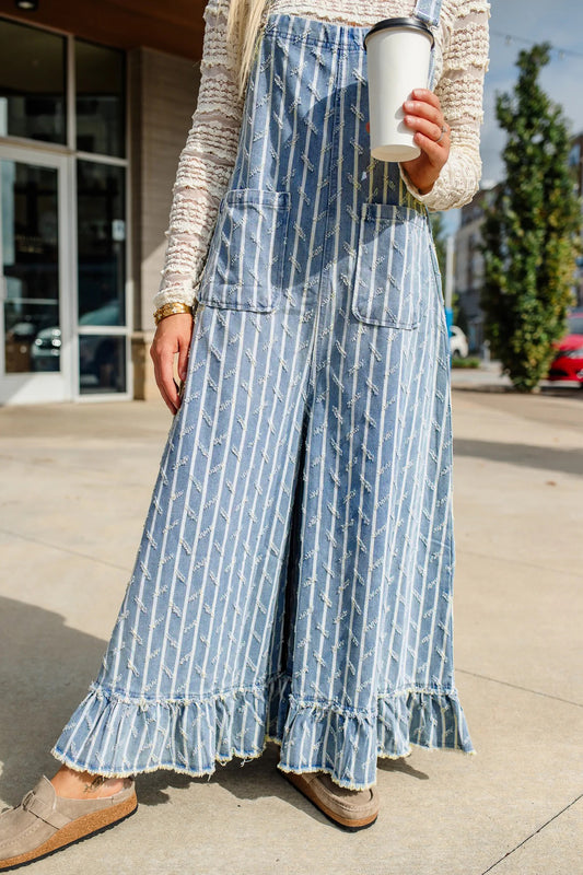 Myosotis Striped Distressed Ruffled Wide Leg Denim Overalls 2d366b825a234768