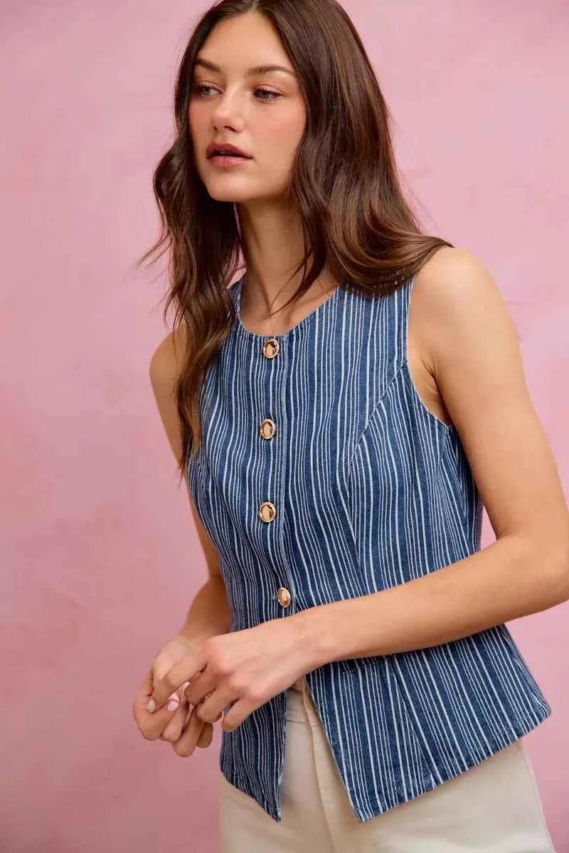 SO ME Stripe Slim Fit Button Front Denim Vest Top 2d424e66c3c0463daa923d3e7467b938-Max-Origin