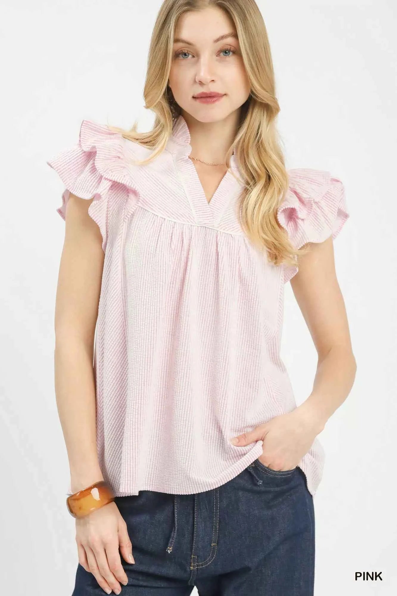 Umgee Ruffled Sleeve Textured Blouse PINK 2d46192a-731b-4257-adcb-a950d7840e00-Max-Origin