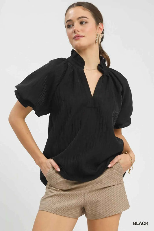 Umgee Textured Puff Sleeve Split Neck Top Black 2d475acd-a9d2-4792-9eff-3b59442b2776-Max-Origin