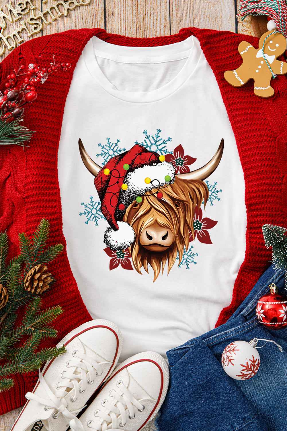 White Christmas Highland Ox Snowflake Print Womens T Shirt 2d4f14285499552b
