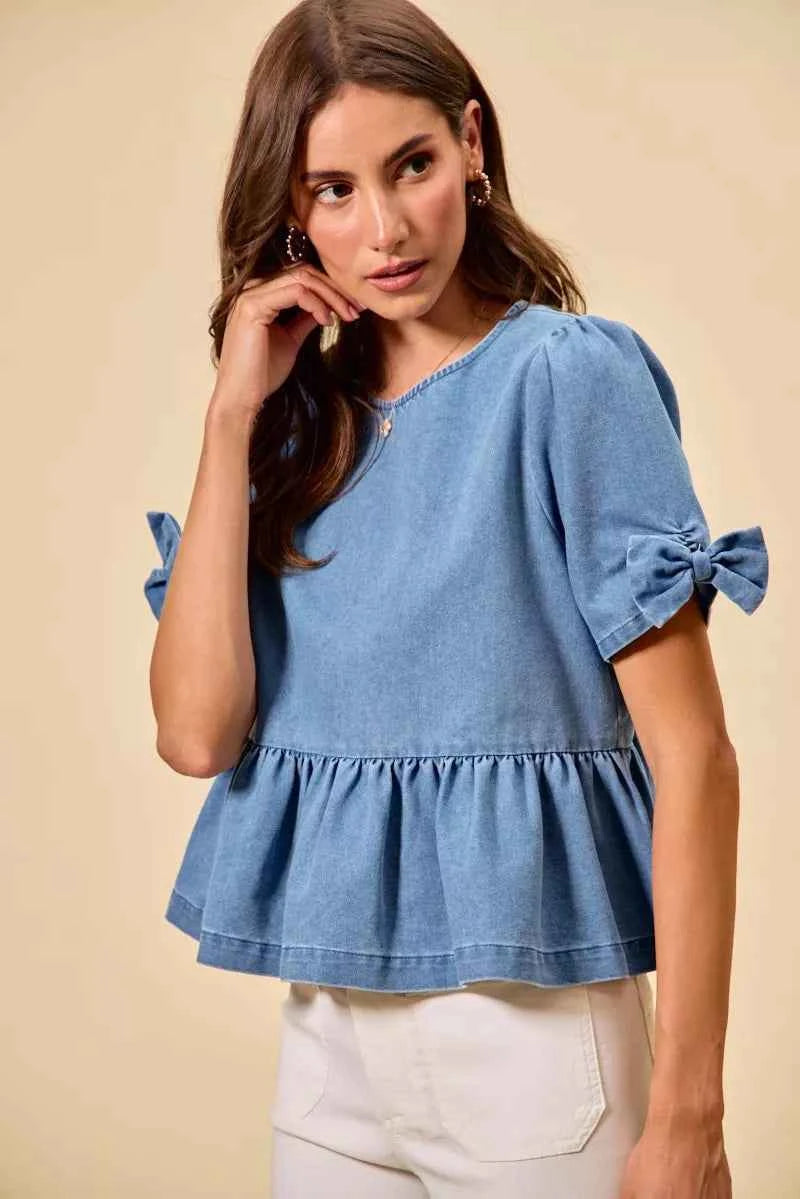 SO ME Denim Bow Detail Short Sleeves Peplum Top 2d538530c7d54a26816dedc636a0e32e-Max-Origin