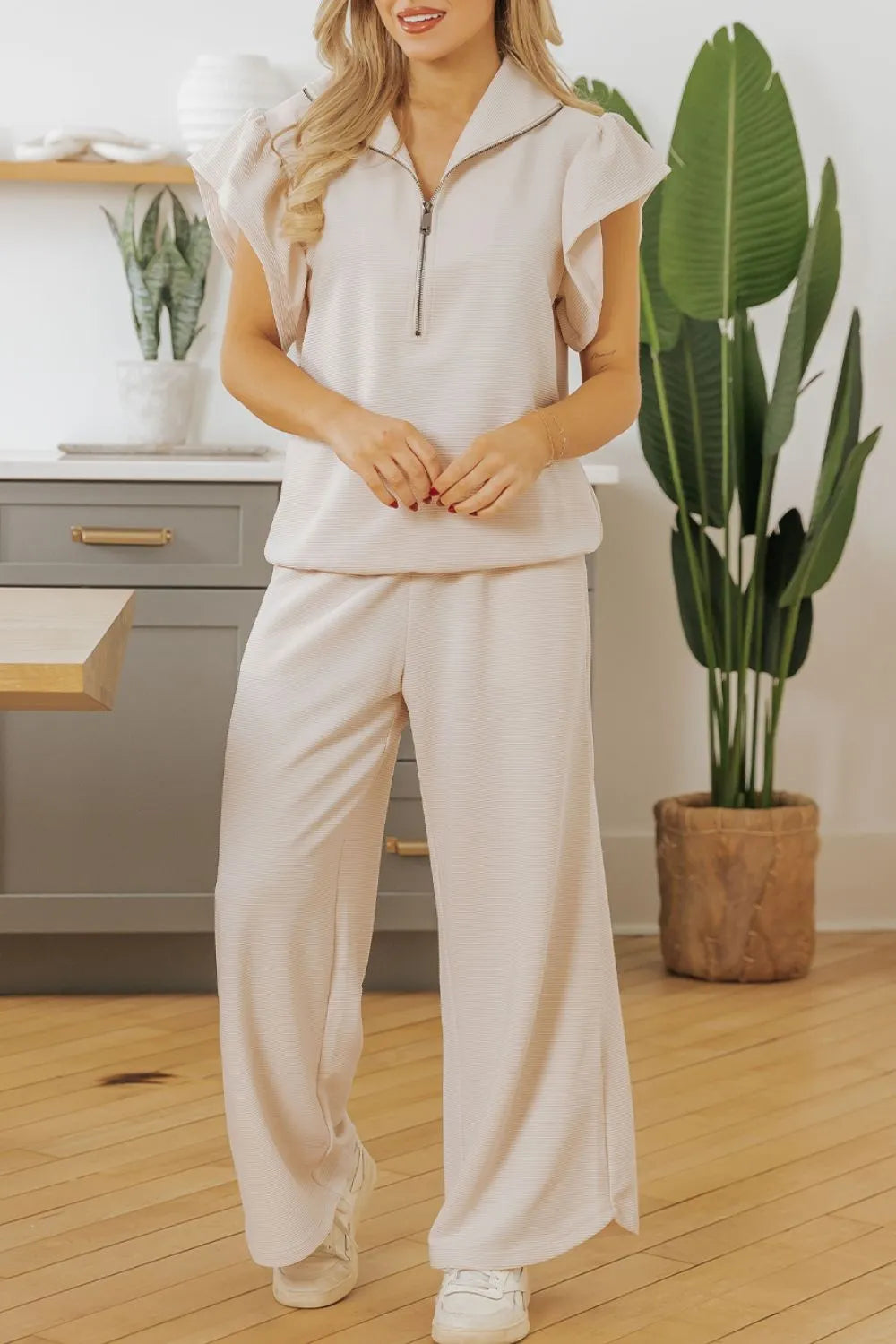 Textured Ruffled Sleeve Zipped Top and Wide Leg Pants Set 2d554a91-0e49-4261-965b-b3518c0428cc-Max-Origin