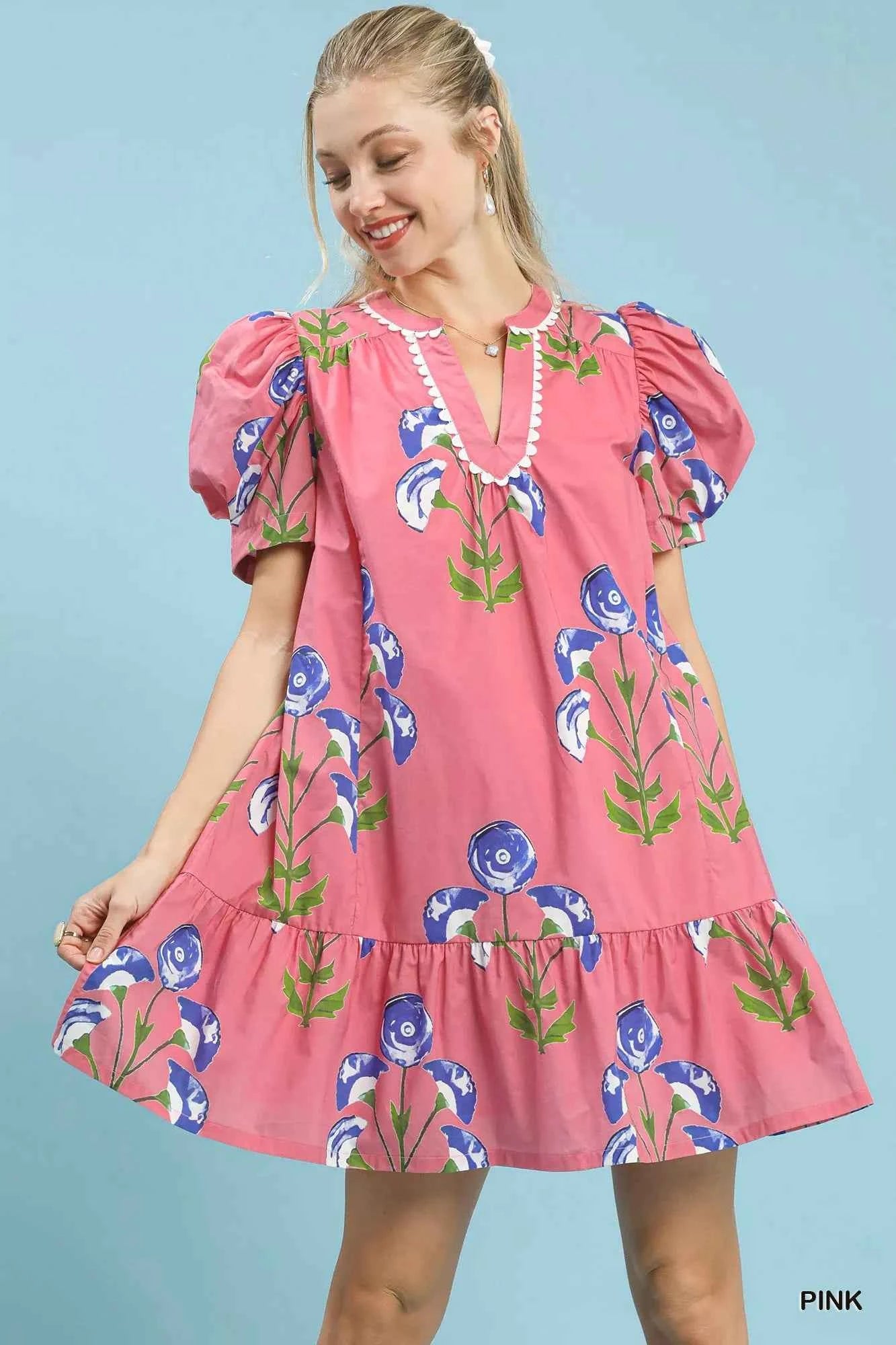 Umgee Floral Print Puff Sleeve Mini Dress with Scallop Trim PINK 2d56c68a-7590-45f0-9933-8e750ff552ff-Max-Origin