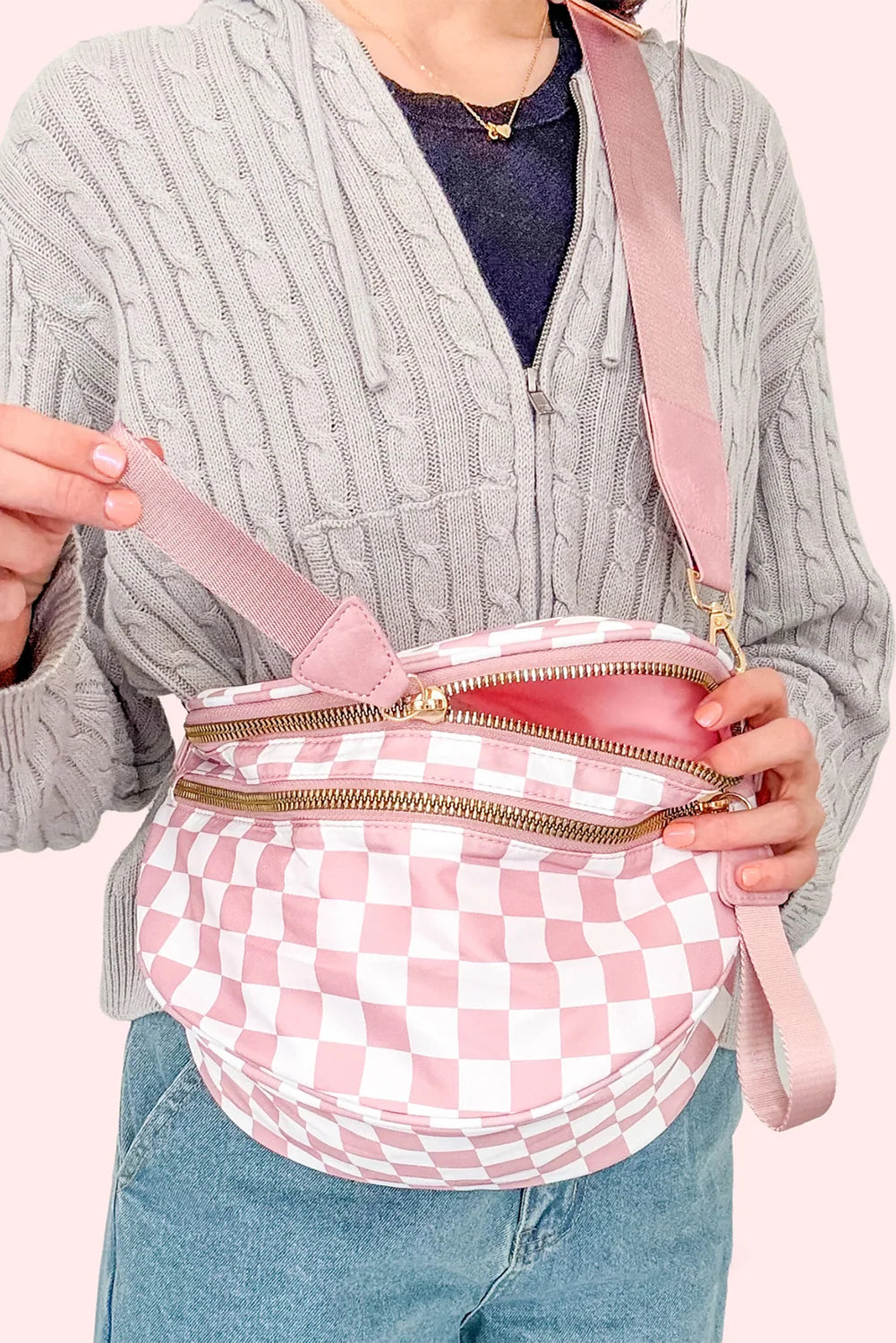 Pink Checkered Print Wide Strap Large Crossbody Bag 2d599a5645260292