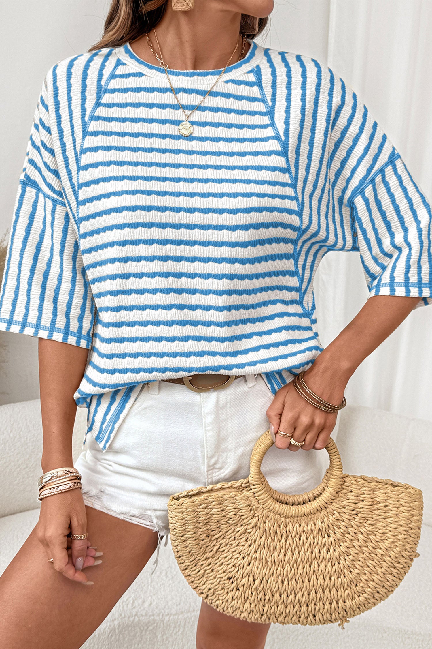 Sky Blue Stripe Textured Knit Split Hem Half Sleeve Loose Top 2d59e58dcc1d15f5