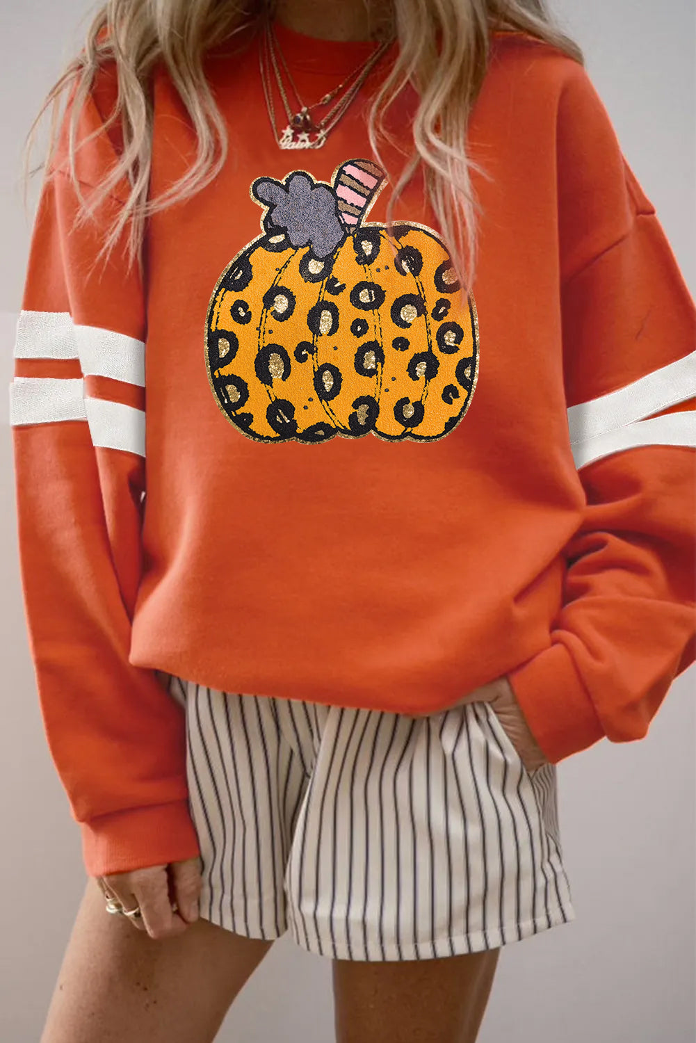 Orange Leopard Pumpkin Terry Flocking Graphic Varsity Oversized Sweatshirt 2d609034e03faf6b