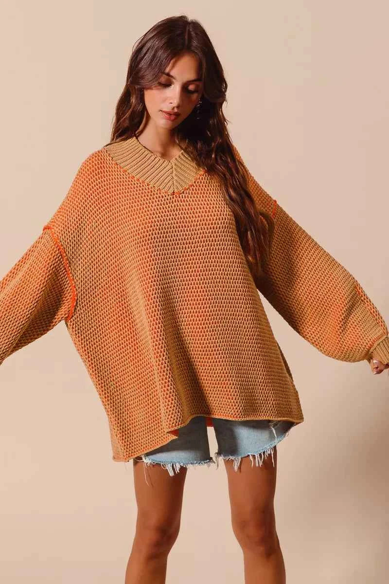 SO ME Oversized Two Tone Textured V Neck Sweater 2d63d8a13d01461eb50d37145340254a-Max-Origin