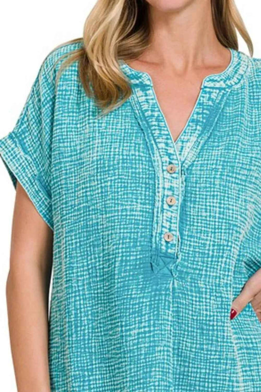 Zenana Washed Double Gauze 3/4 Button Henley Neck Shirt 2d659db0-72f3-4f2d-ba22-5789abe48147-Max-Origin
