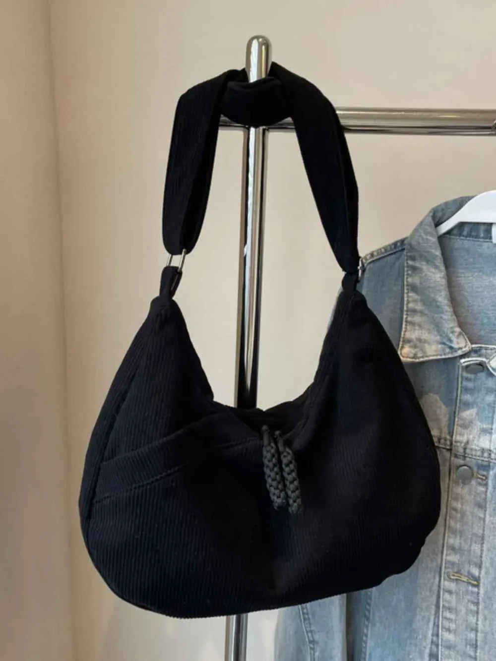 Ribbed Adjustable Strap Shoulder Bag Black One Size 2d6858c5-c533-47d1-8bb3-c5f97e324c43-Max
