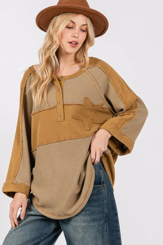 SAGE + FIG Star Applique Patch Exposed Seam Waffle Knit Top 2d6ab083-599e-42e9-a3e6-2c71b932cb20-Max
