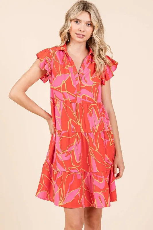 Mittoshop Leaf Print Ruffle Sleeve Tiered Mini Dress 2d6c5067-ad73-4733-a3a2-5d75d63c2165-Max