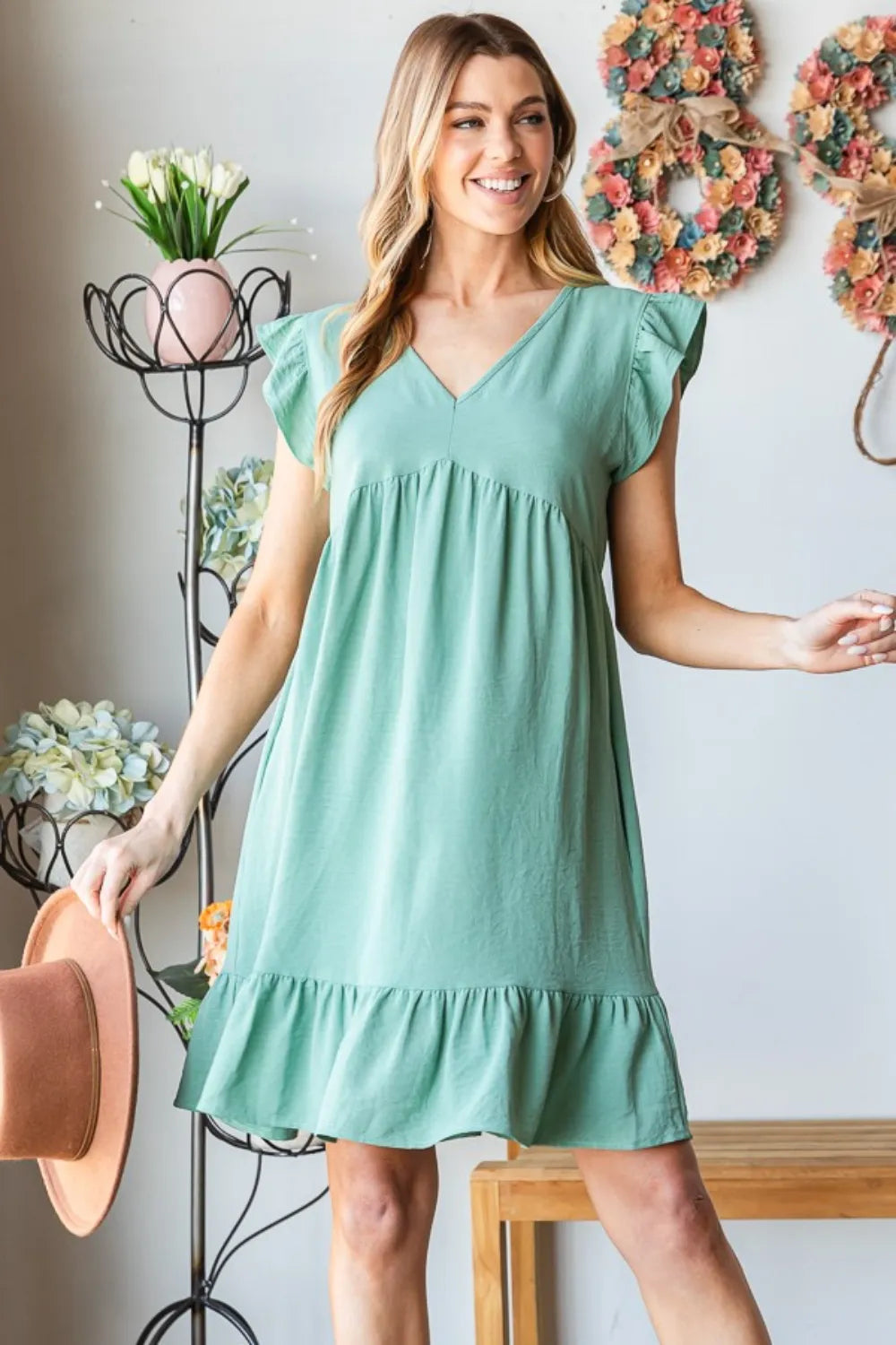 Heimish Full Size Short Sleeve V Neck Ruffled Hem Dress Dusty Sage 2d6de490-6b17-4e8b-8f77-de61a2deb7b3-Max
