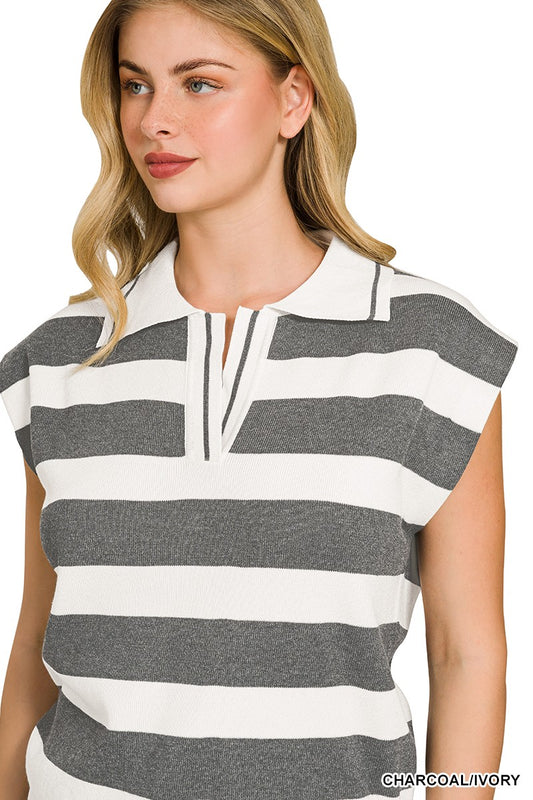 Viscose Striped Collared Sweater Vest 2d710c17b7954f16973a500f7e05ac6e-Max