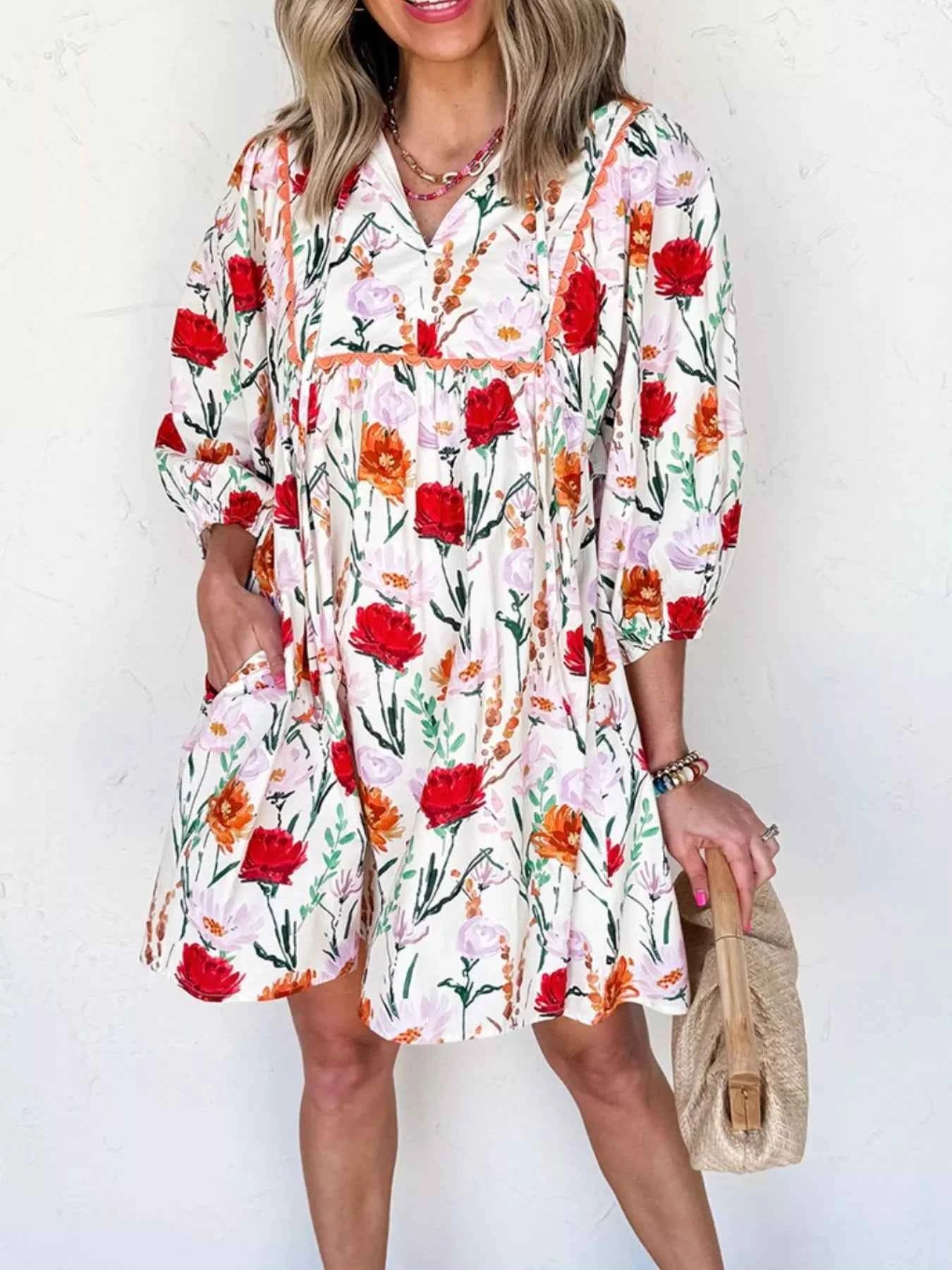 Floral Print 3/4 Sleeve Mini Dress 2d7a0780-9049-4ee1-966d-cd1a3d7f485b-Max-Origin