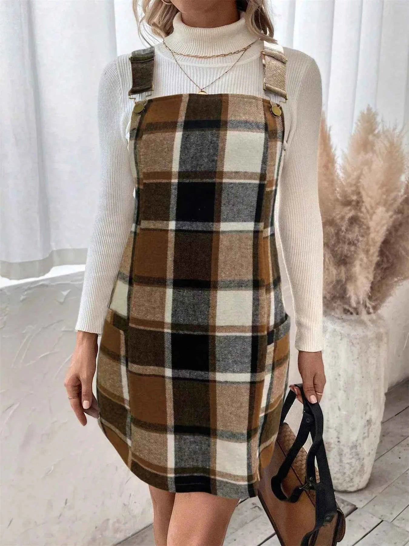 Plaid Square Neck Mini Dress Dark Brown 2d7e0a70eebf4eb7a0499545a0798c08-Max-Origin