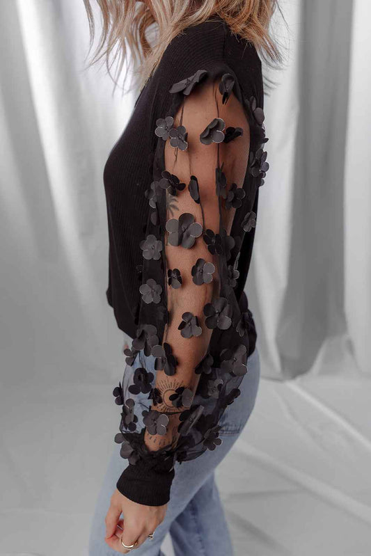 Black Flower Applique Mesh Long Sleeve V Neck Top 2d7fc813c2907f05