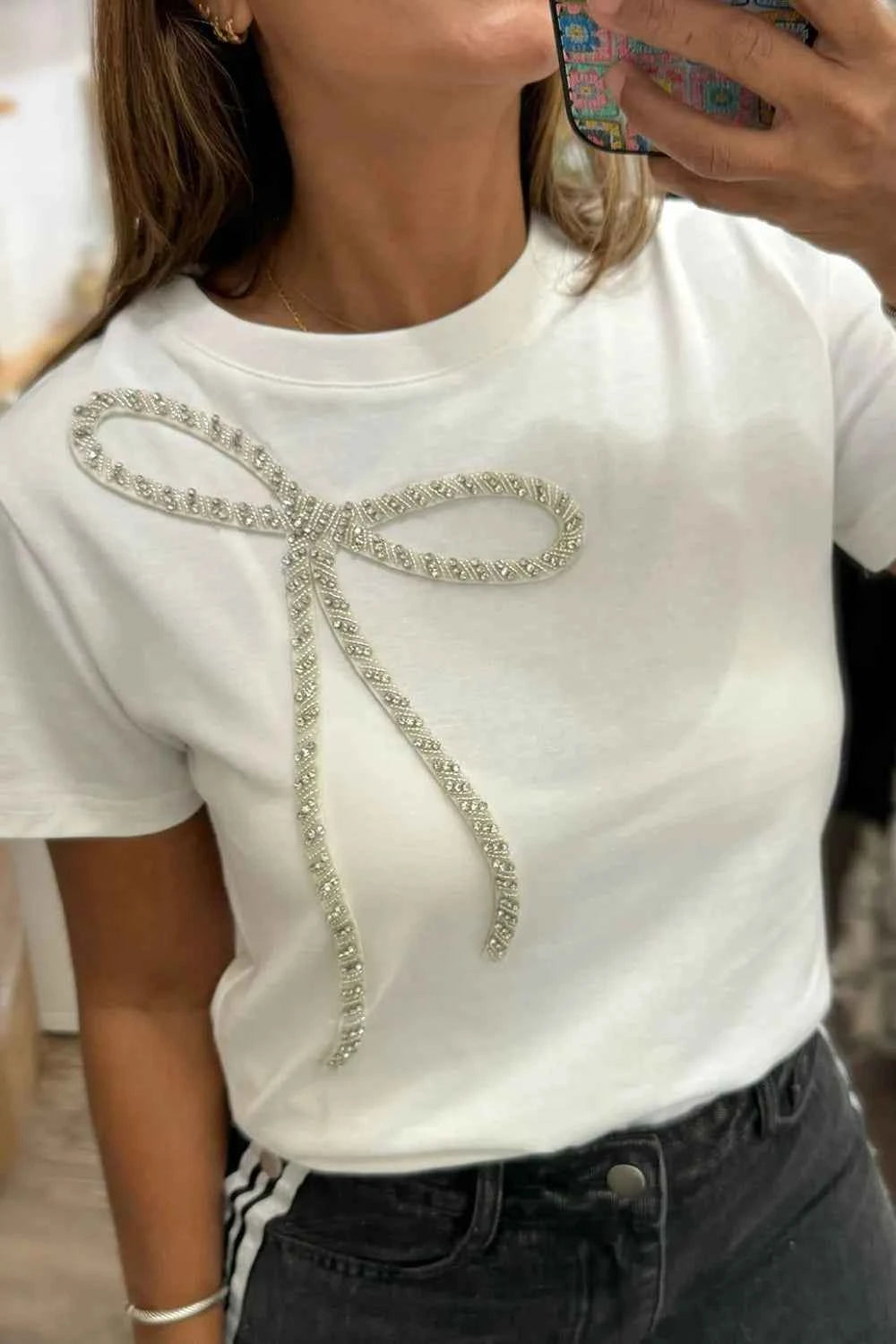 Rhinestone Bow Round Neck Short Sleeve T-Shirt White 2d886bb4-0d43-4986-9db6-2def26fa976e-Max-Origin