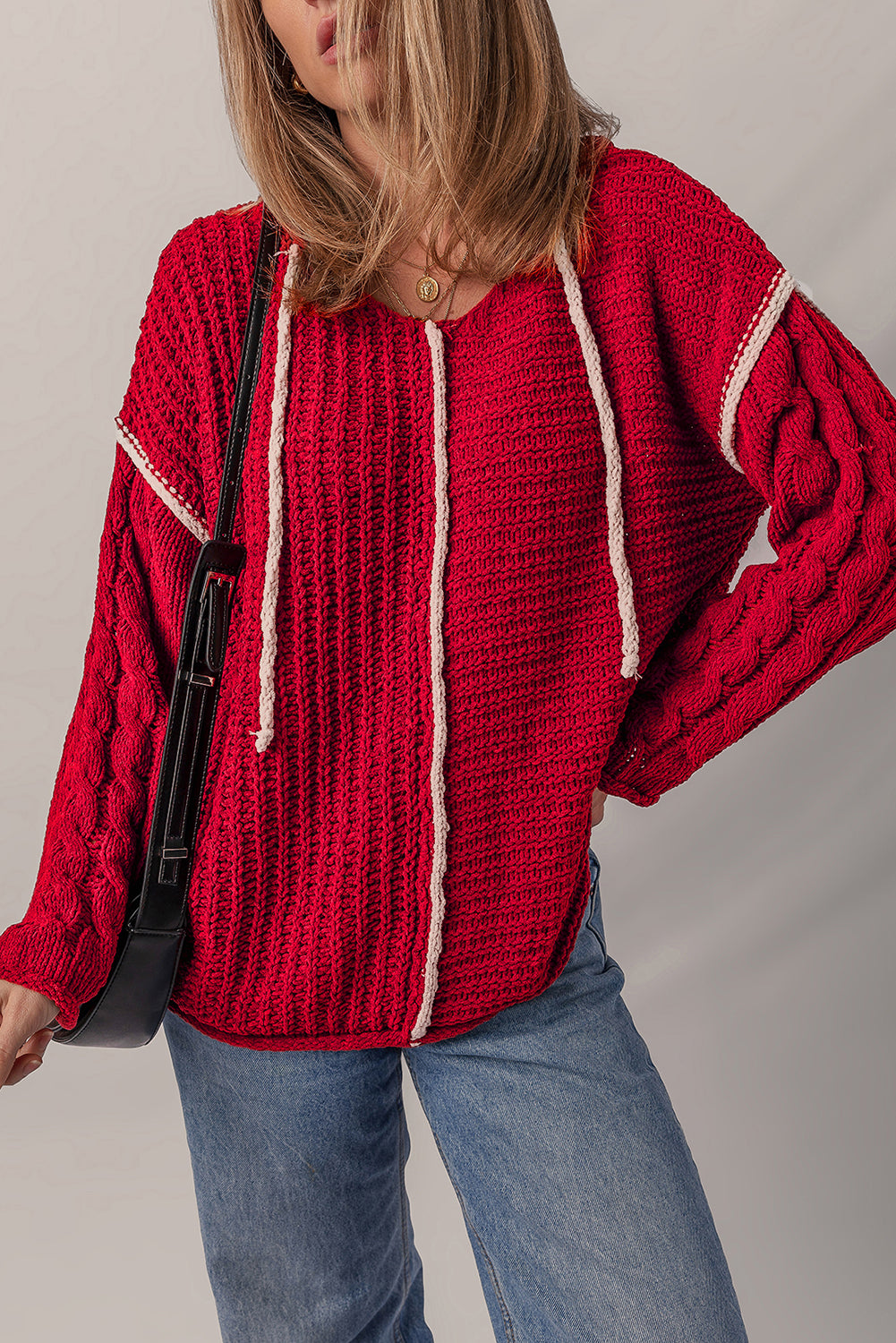 Racing Red Contrast Trim Textured Knit Drawstring Hooded Sweater 2d8ce2b82eec5d28