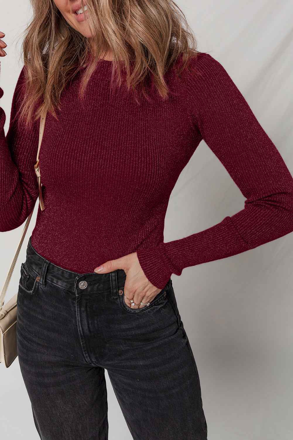 Red Dahlia Metal Ribbed Knit Long Sleeve Slim Fit Top 2d8f21479261e19a