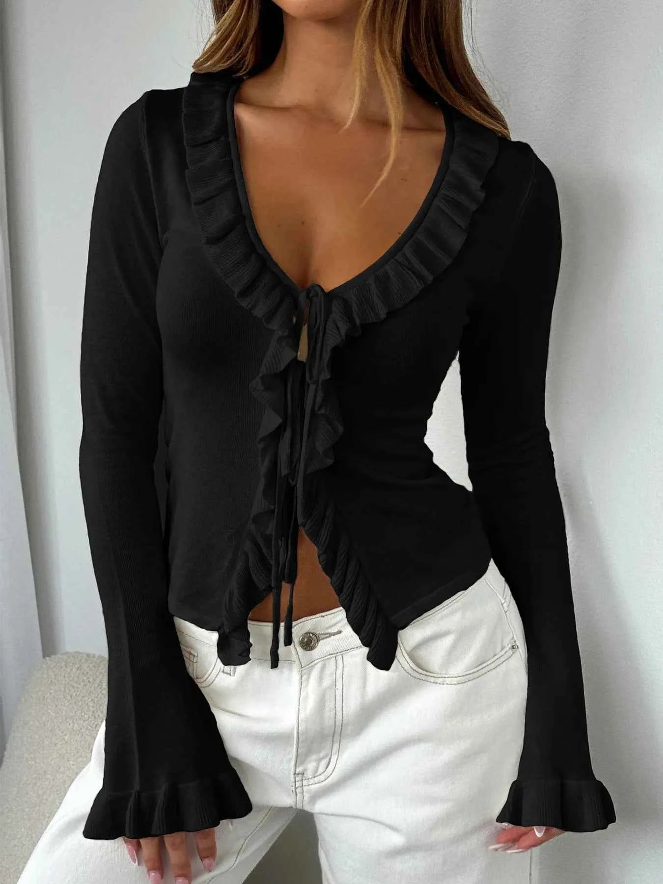 Ruffled Tie Front Flare Sleeve Shirt Black 2d9318f6cef548b1b3af60cff6fbb283-Max-Origin