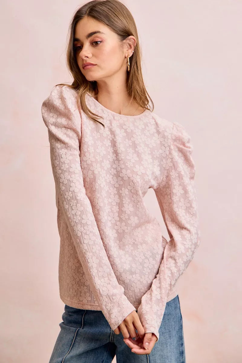 BiBi Textured Flower Knit Puff Shoulder Top 2da5598527064584989b9133c5334398-Max-Origin