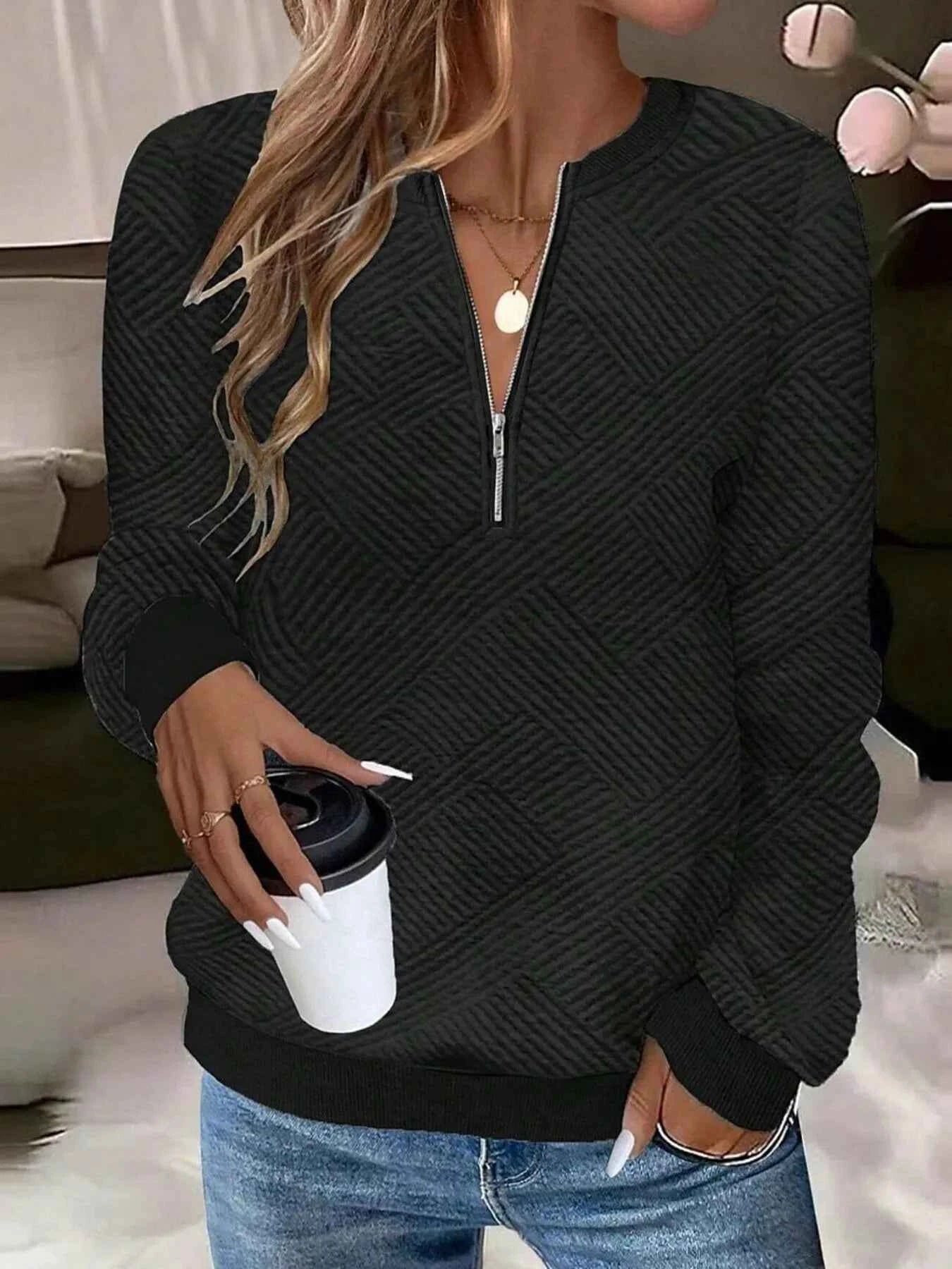 Quarter Zip Textured Long Sleeve Sweatshirt Black 2da6326cd1684afd9cd0964f82c0f412-Max-Origin
