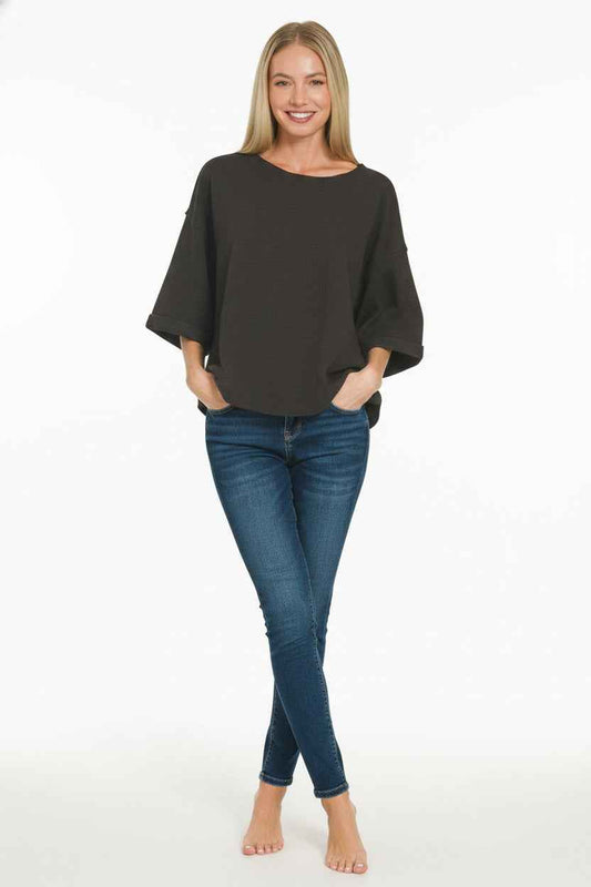 Double Knit Exposed Seam Curved Hem Top 2da7359c-04df-42bd-bb2a-73f0948d1737-Max