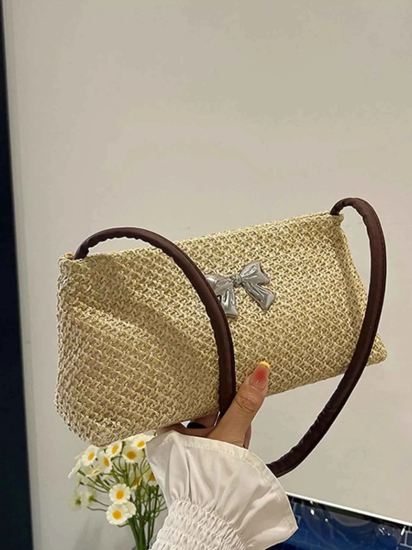 Woven Straw Shoulder Bag with Bow Detail Coffee Color One Size 2da73d9a-7292-42bc-a633-1cc7b3deefc1-Max-Origin