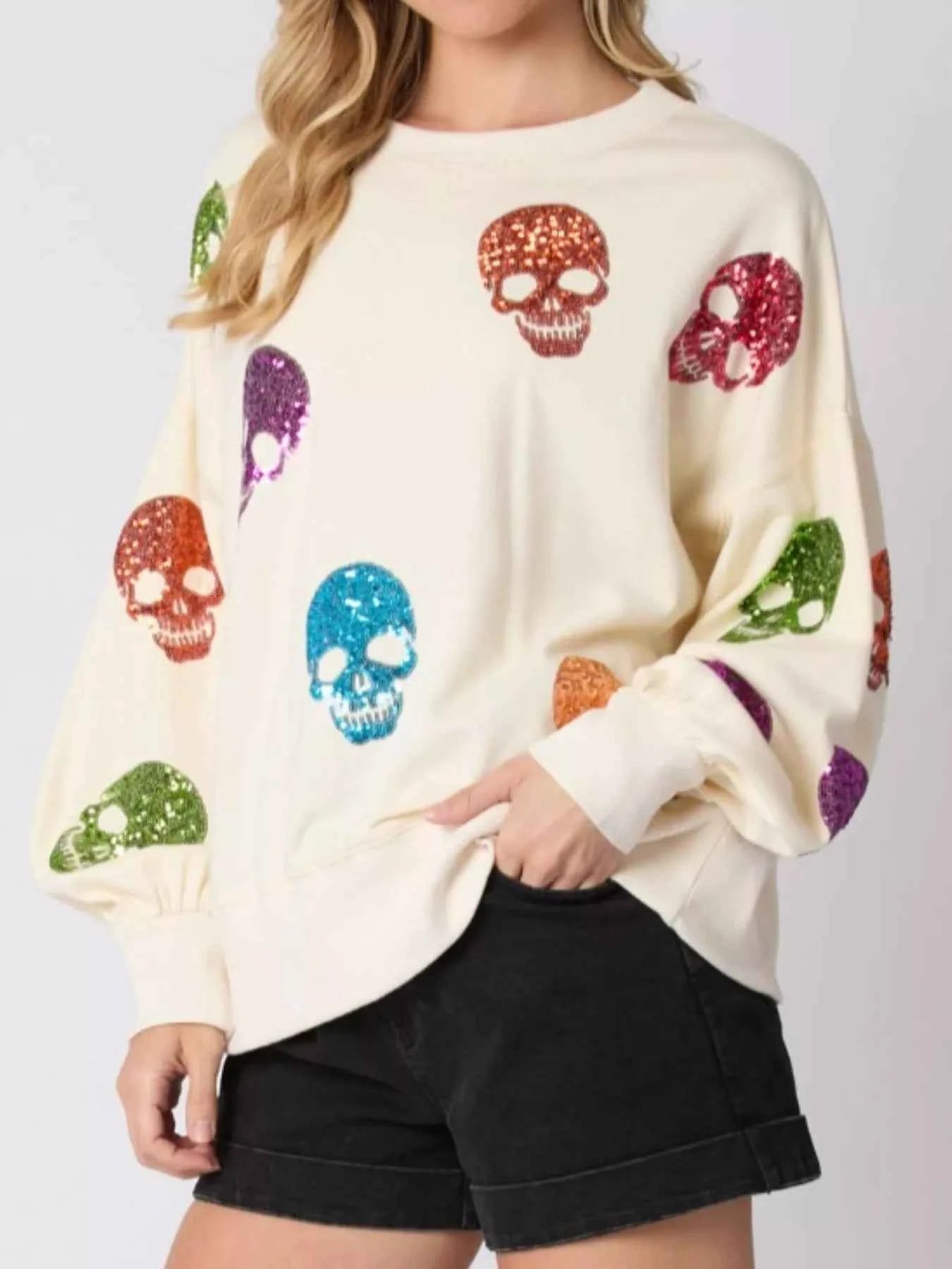 Halloween Colorful Skull Sequin Oversized Sweatshirt 2db4a8c0-24a4-4fd5-831a-b2546f0b35ac-Max-Origin