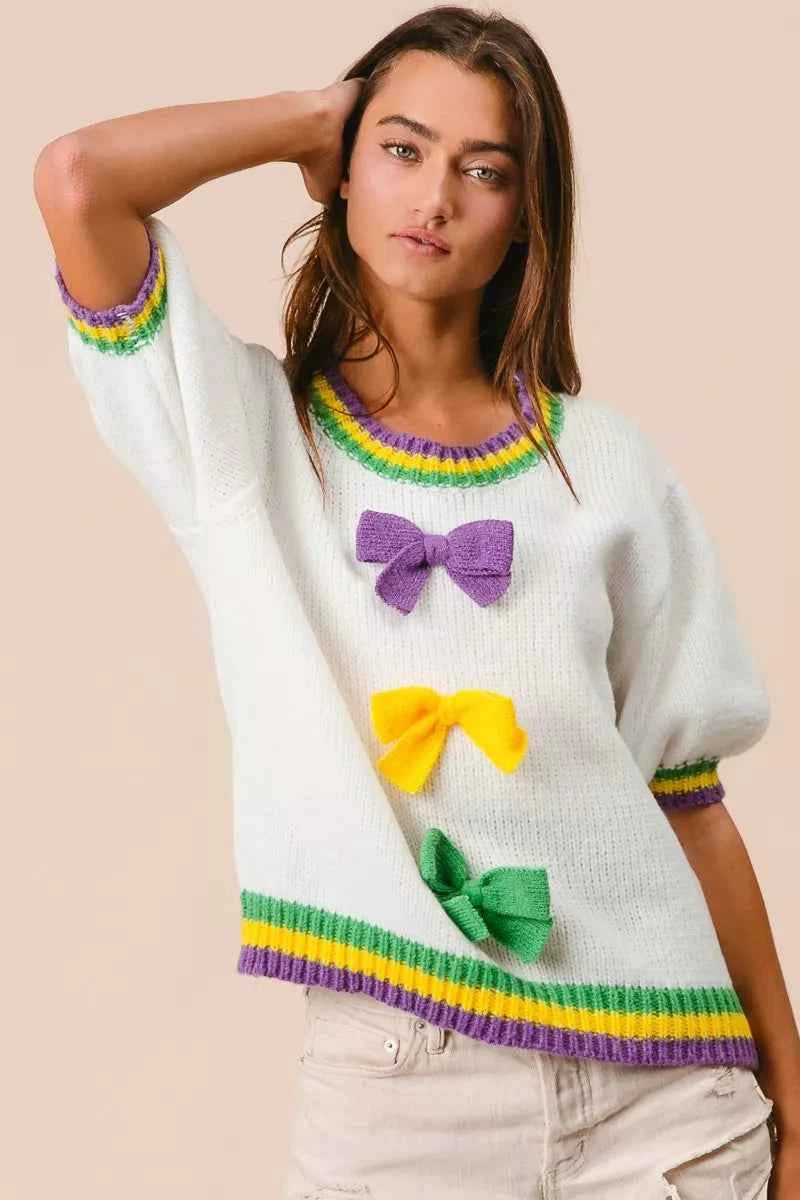 BiBi Short Puff Sleeve Ribbon Bow Mardi Gras Sweater 2db5ead5dc694930ba84861adb1f3e31-Max-Origin