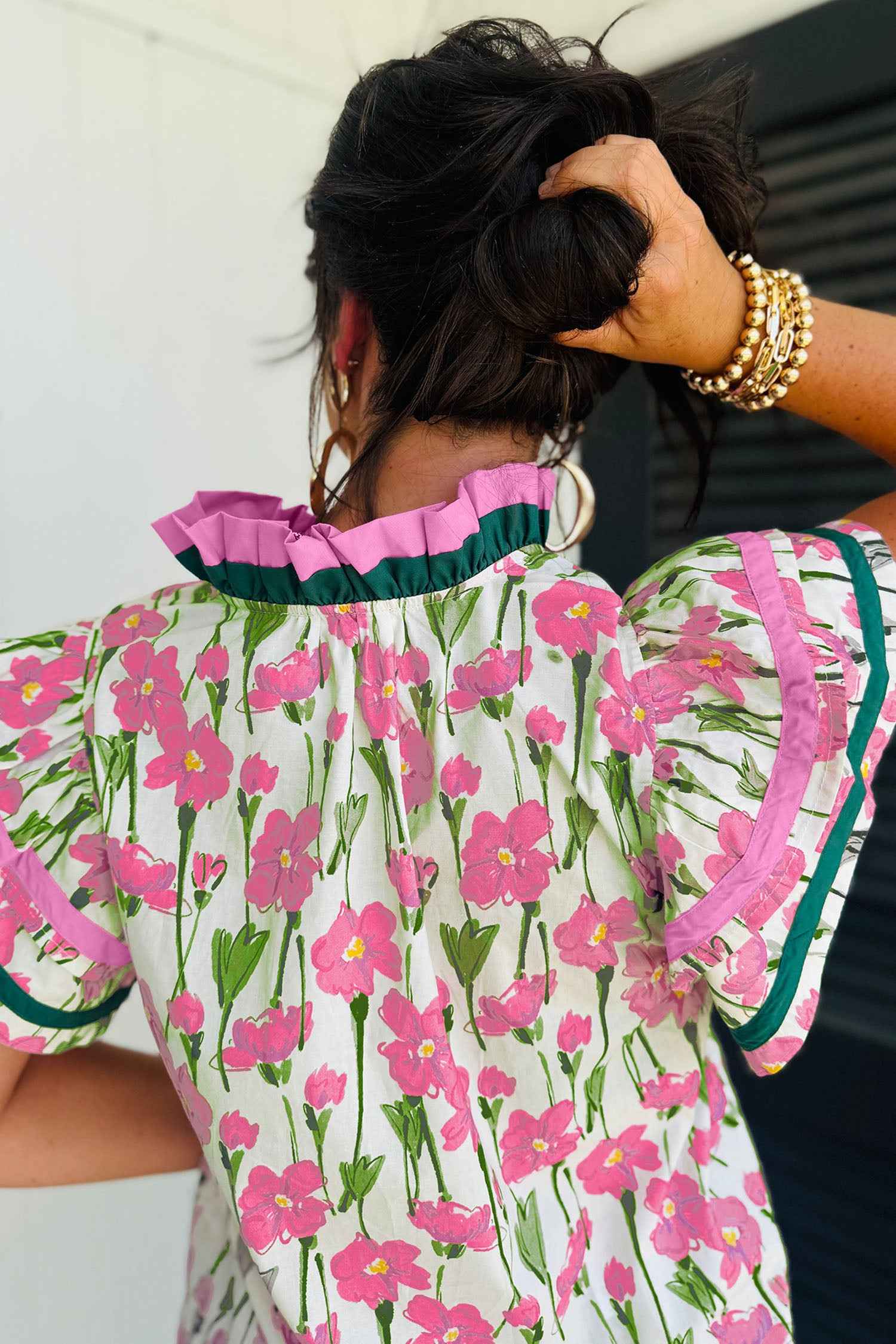 Pink Floral Print Contrast Trim V Neck Double Ruffled Short Sleeve Blouse 2db698aa3e6c9b8d